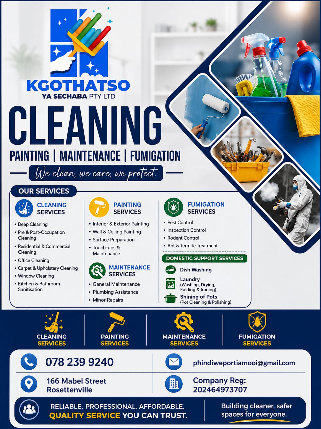 Kgothatso Ya Sechaba Pty Ltd services flyer: cleaning, painting, maintenance and fumigation